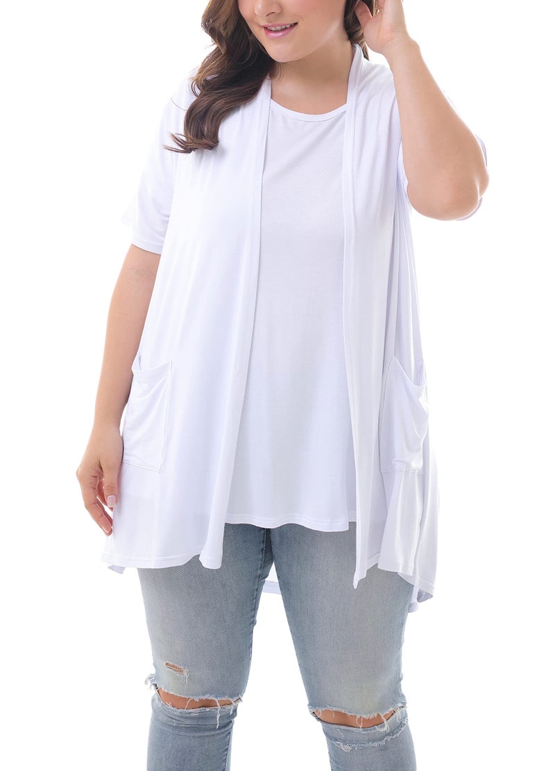 ZERDOCEAN Women's Plus Size Short Sleeve Lightweight Soft Printed Drape Cardigan with Pockets White 4X - Image 3